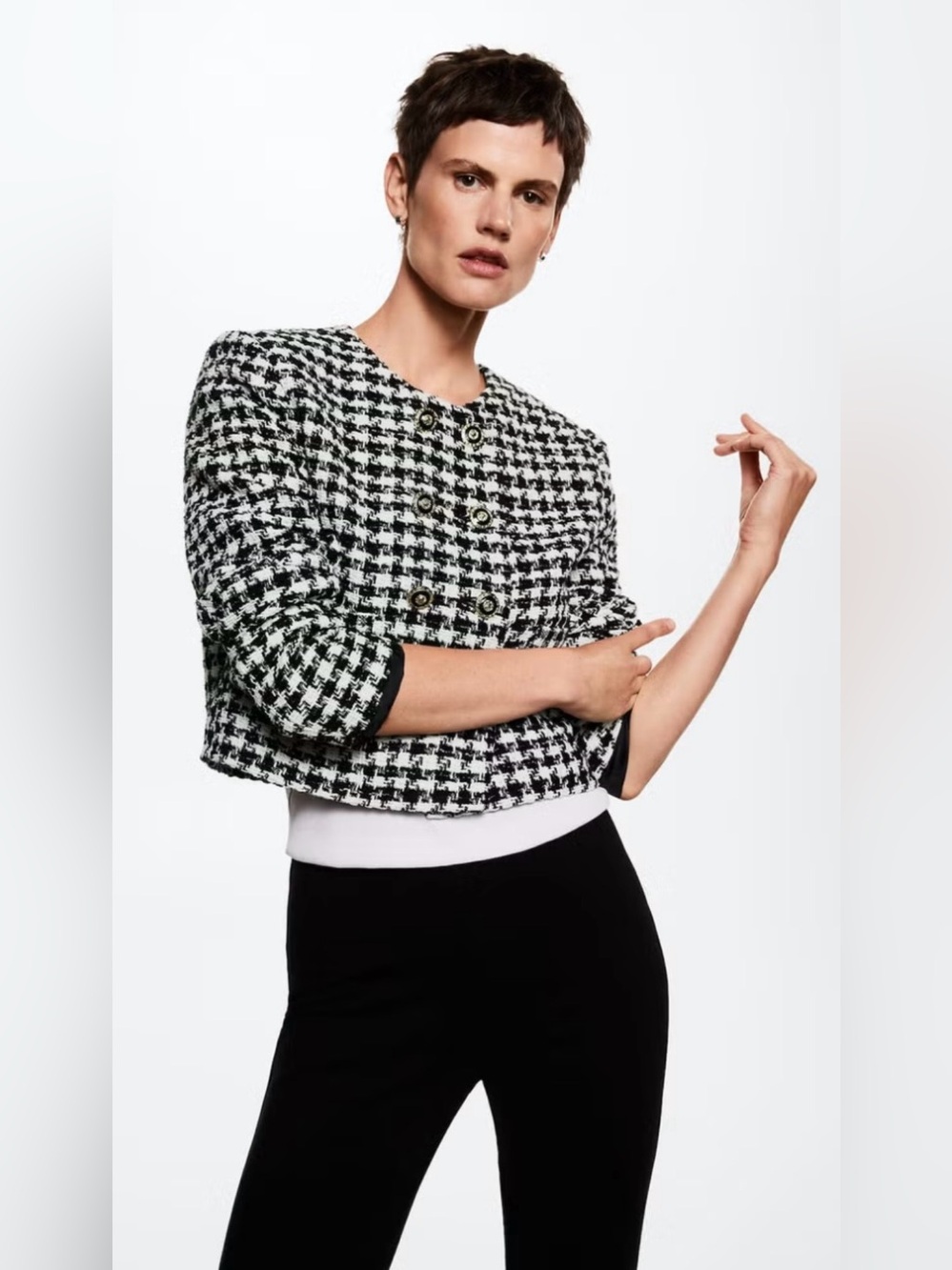 Mango Black & White Houndstooth Cropped Blazer